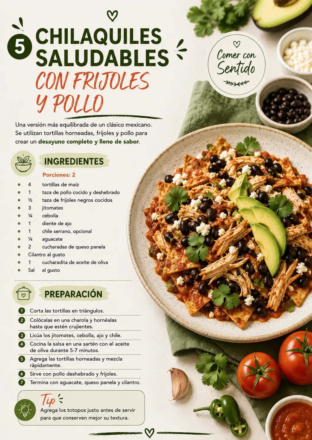 Receta de chilaquiles saludables con frijoles y pollo