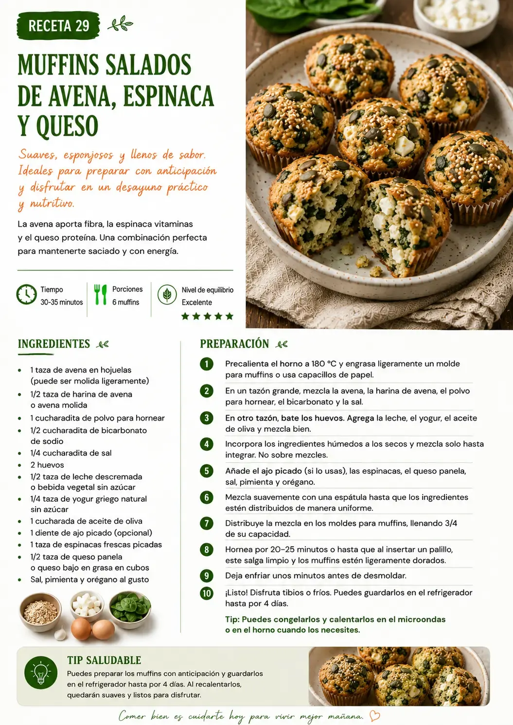 Receta de muffins salados de avena, espinaca y queso