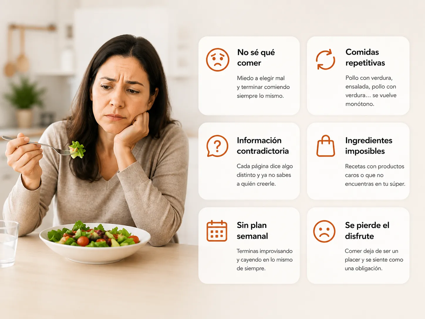 El problema: no sé qué comer, comidas repetitivas, información contradictoria, ingredientes imposibles, sin plan semanal, se pierde el disfrute