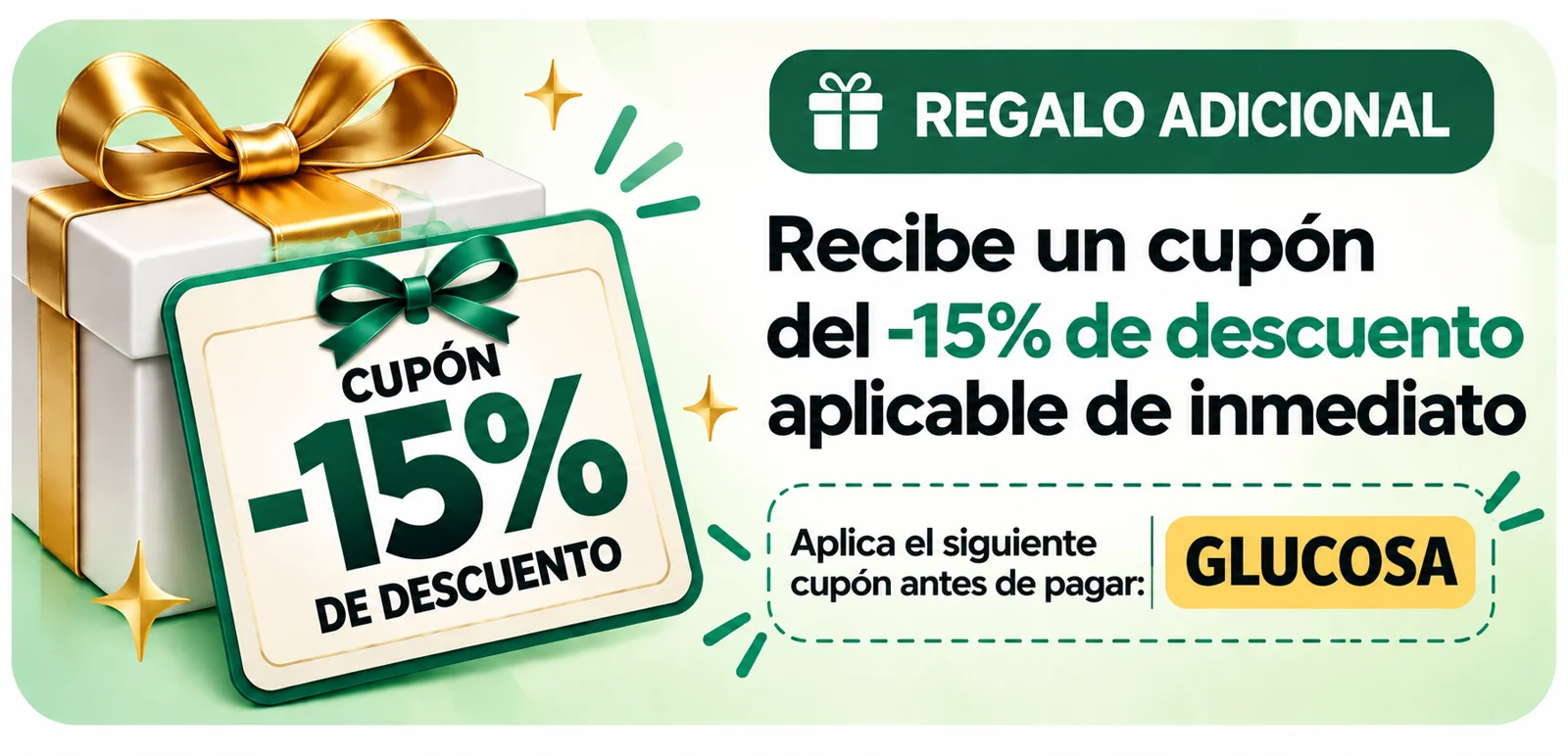 Cupón de descuento del 15% con el código GLUCOSA aplicable antes de pagar