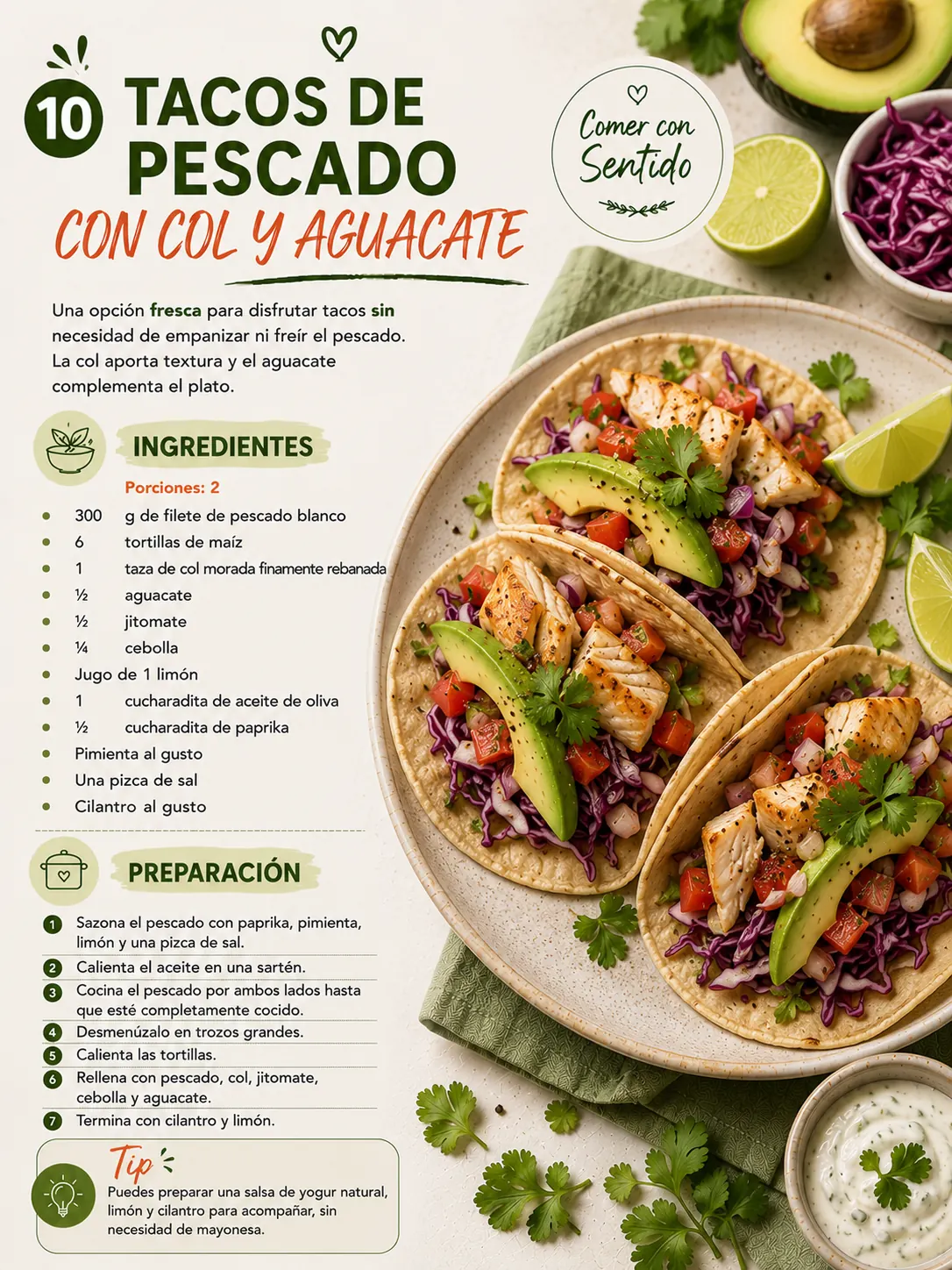 Receta de tacos de pescado con col y aguacate