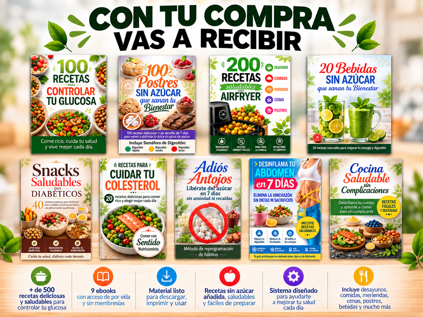 Con tu compra vas a recibir: los 9 ebooks del sistema con más de 500 recetas