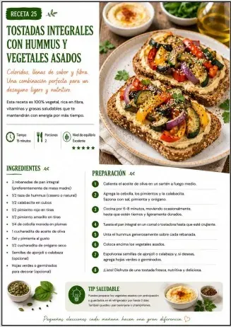 Receta de tostadas integrales con hummus y vegetales